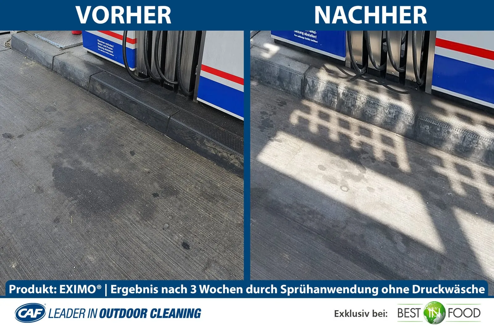 Betonfläche an der Zapfsäule – Ergebnis nach drei Wochen Sprühanwendung mit EXIMO, ganz ohne Druckwäsche.